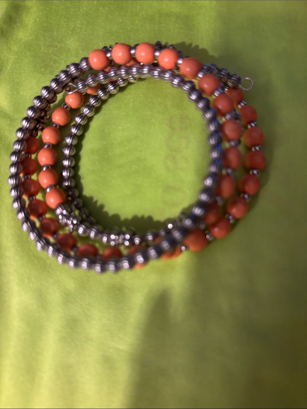 Orange Beaded Coil Bracelet with Silver Accents